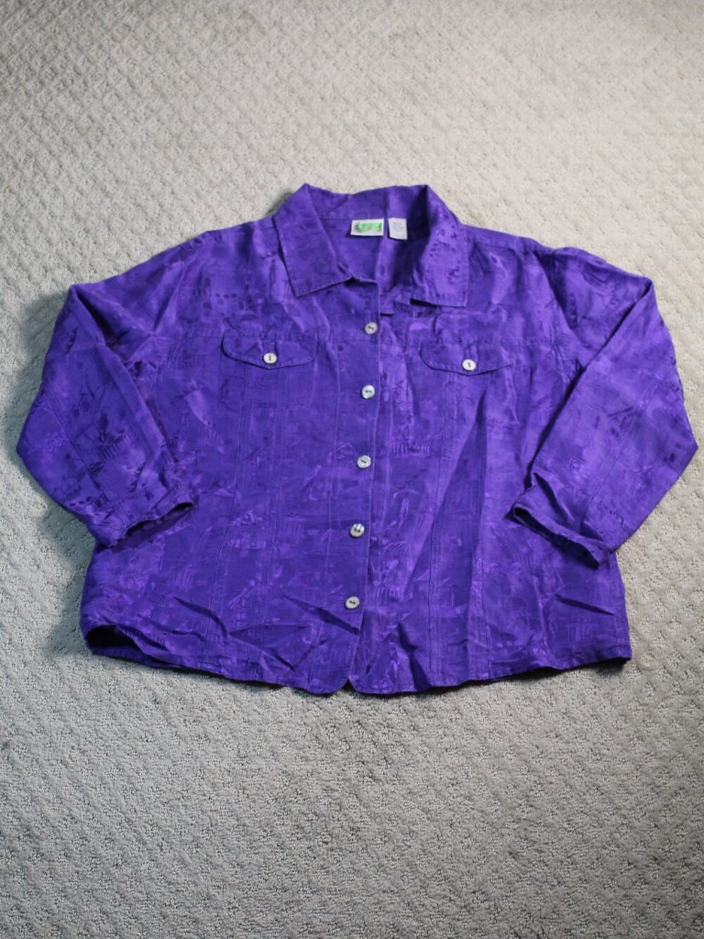 Chico's Size 3 / 16 Purple Silk Linen Blend Collard Button Up 3/4 Sleeve Blouse